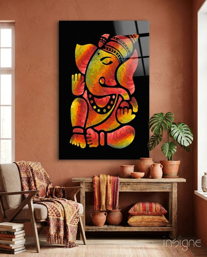 Fiery Red And Yellow Stylized Ganesha Glass Wall Art