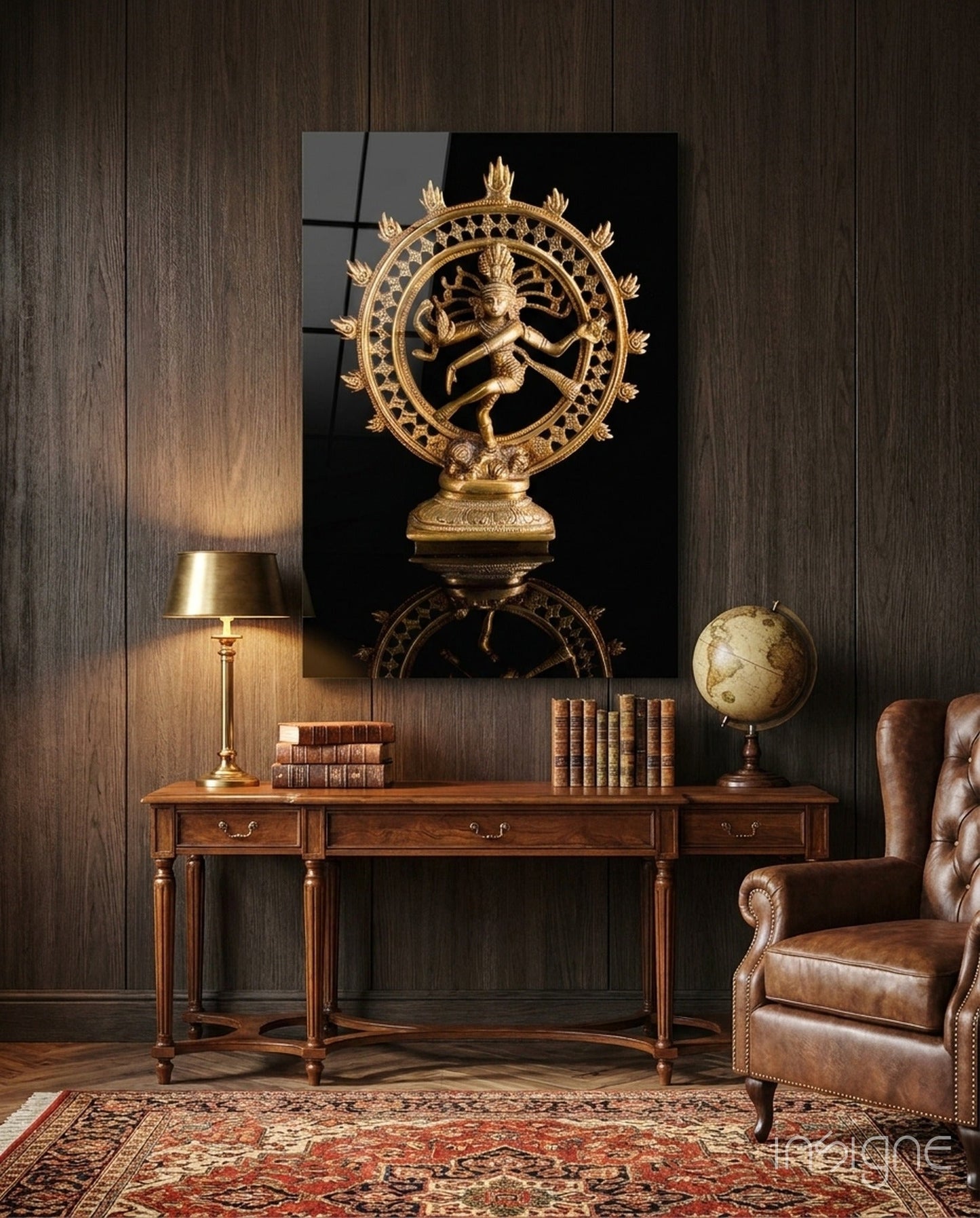 Golden Shiva Nataraja statue displayed on glass wall art above wooden desk in traditional study room setting.