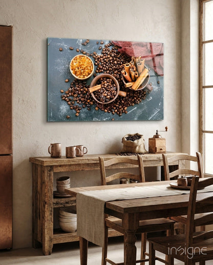 Scattered Coffee Beans And Cinnamon Glass Wall Art