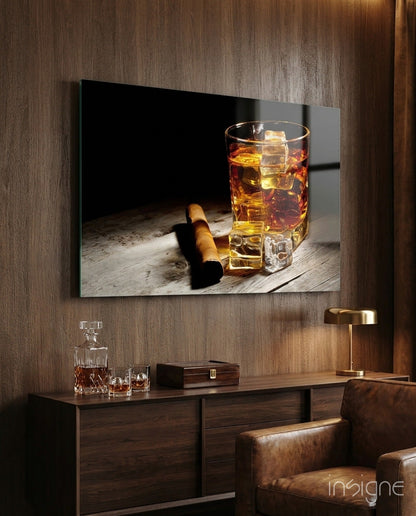 Whiskey Glass With Ice And Cigar Glass Wall Art