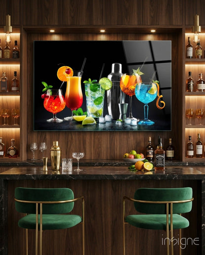 Neon Blue Shaker Lineup Cocktails Glass Wall Art