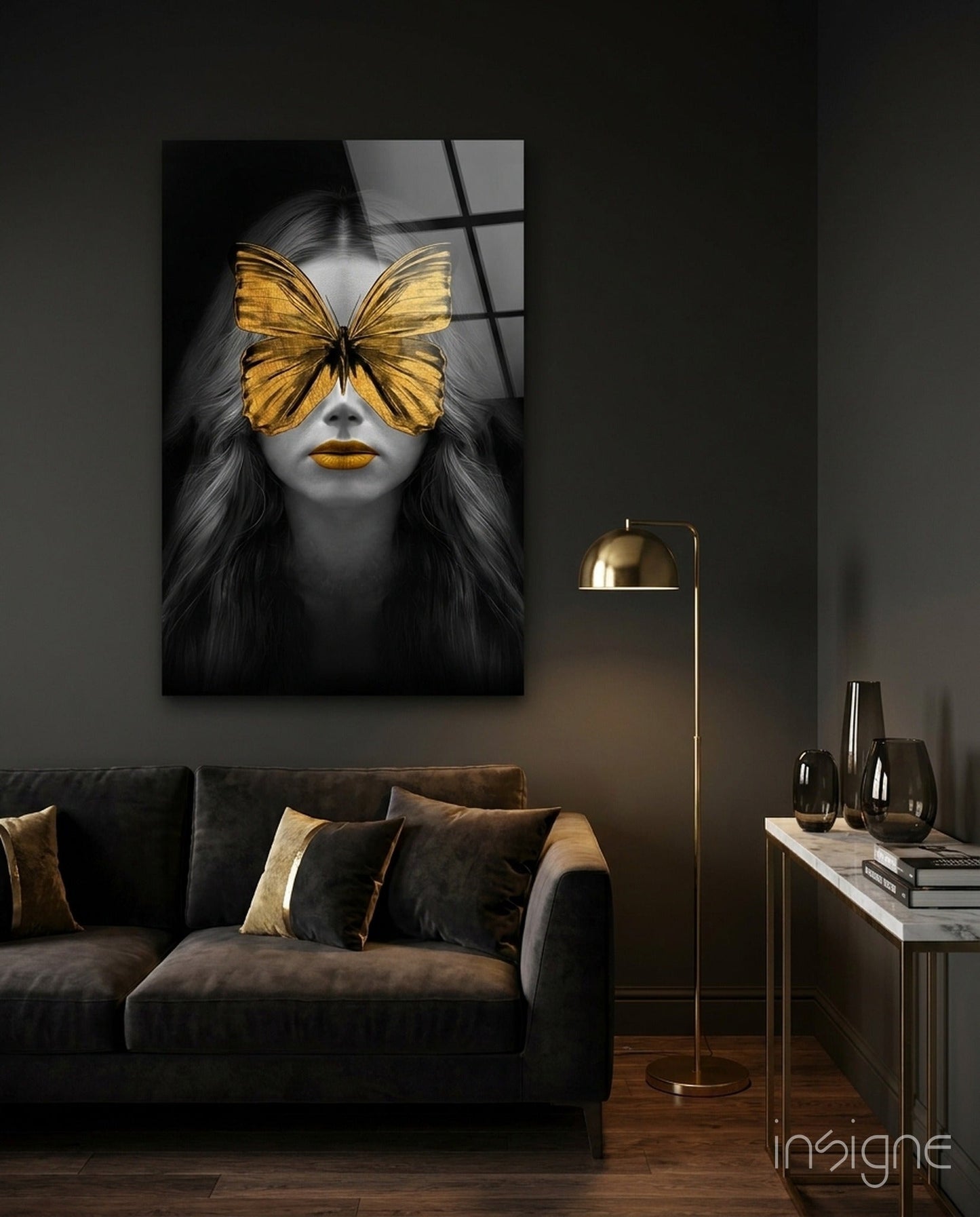 Golden Butterfly Mask Woman Portrait Glass Wall Art