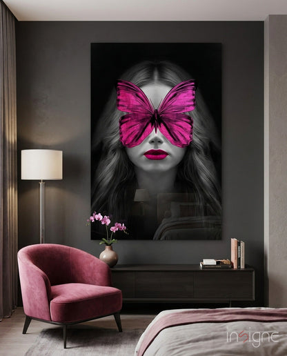 Magenta Butterfly Mask Woman Portrait Glass Wall Art