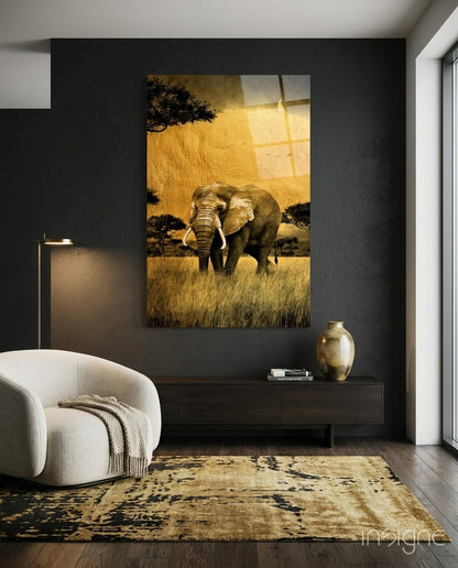 Golden Savanna Acacia Elephant Glass Wall Art