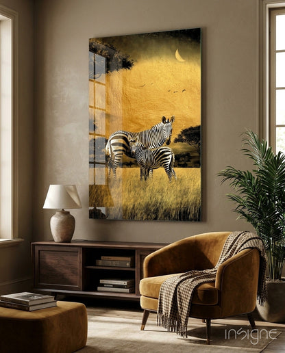 Golden Savanna Crescent Moon Zebras Glass Wall Art