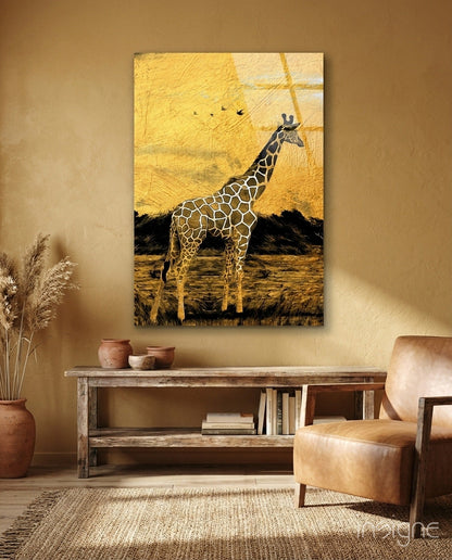 Golden Sunset Savanna Giraffe Glass Wall Art
