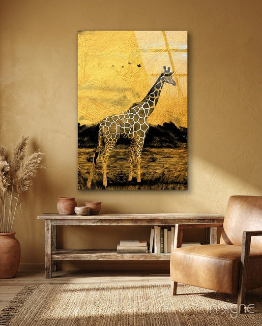 Golden Sunset Savanna Giraffe Glass Wall Art displayed above a wooden console table in a warm, earth-toned living room setting.