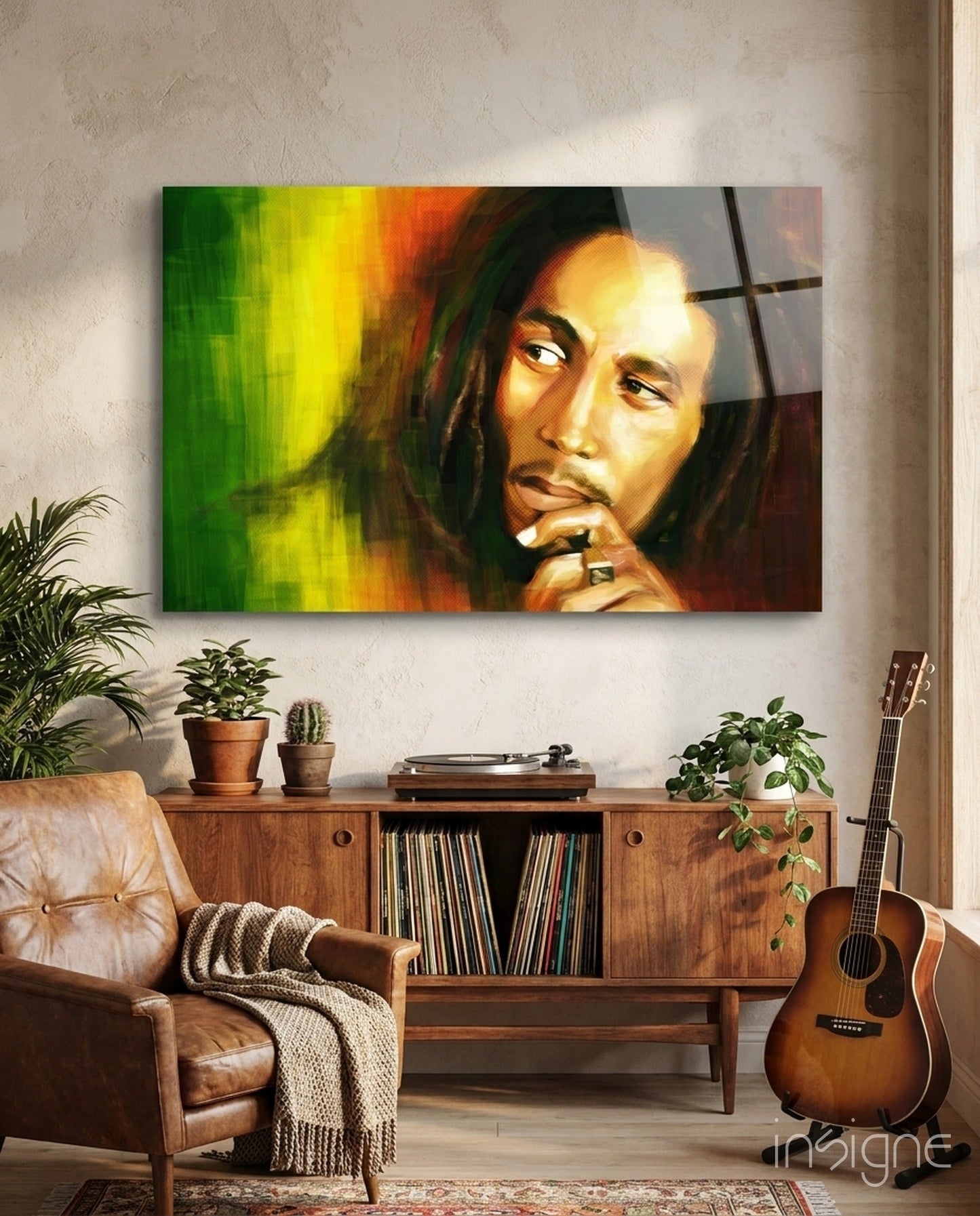 Green And Gold Reggae Musician Glass Wall Art