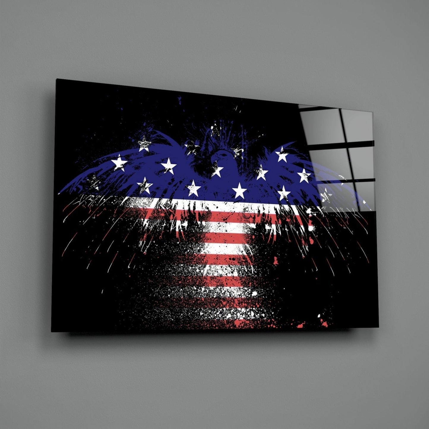 Flag Filled Silhouette On Black American Eagle Glass Wall Art