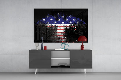 Flag Filled Silhouette On Black American Eagle Glass Wall Art