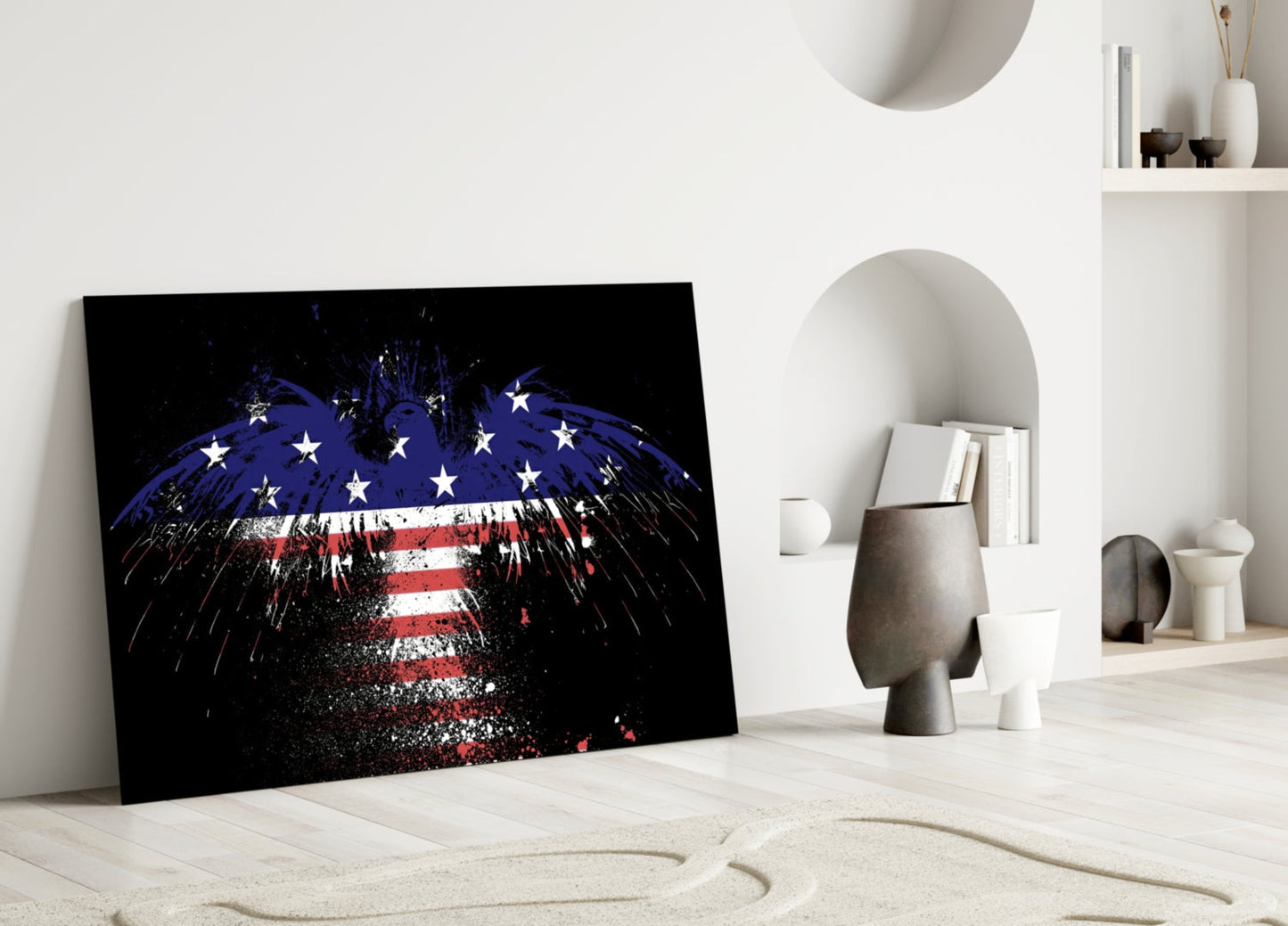 Flag Filled Silhouette On Black American Eagle Glass Wall Art