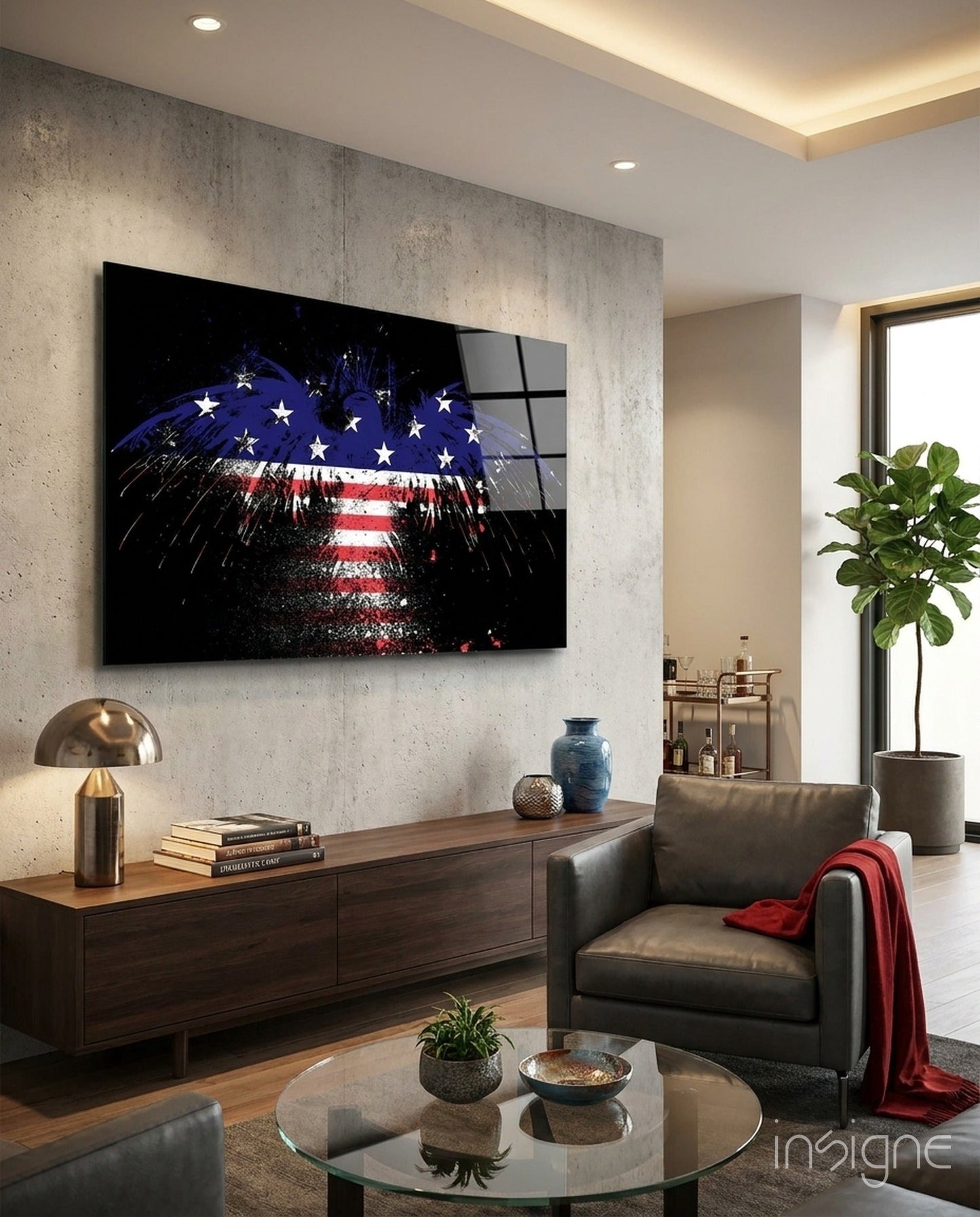 Flag Filled Silhouette On Black American Eagle Glass Wall Art