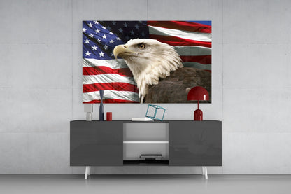 Proud Portrait Waving Flag American Eagle Glass Wall Art