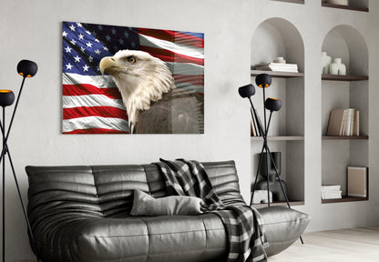 Proud Portrait Waving Flag American Eagle Glass Wall Art
