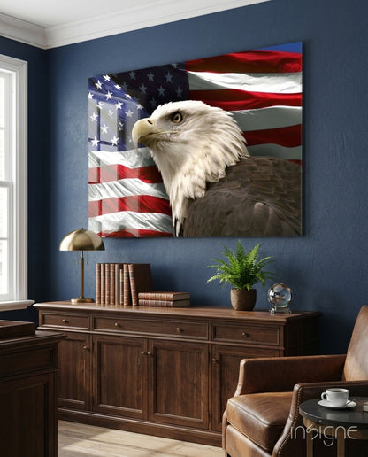 Proud Portrait Waving Flag American Eagle Glass Wall Art