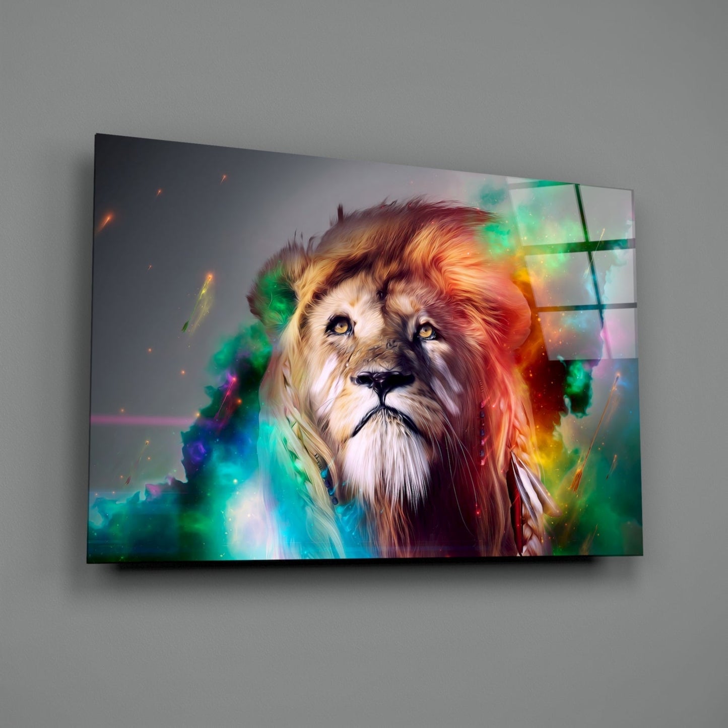 Vibrant Rainbow Lion Glass Wall Art