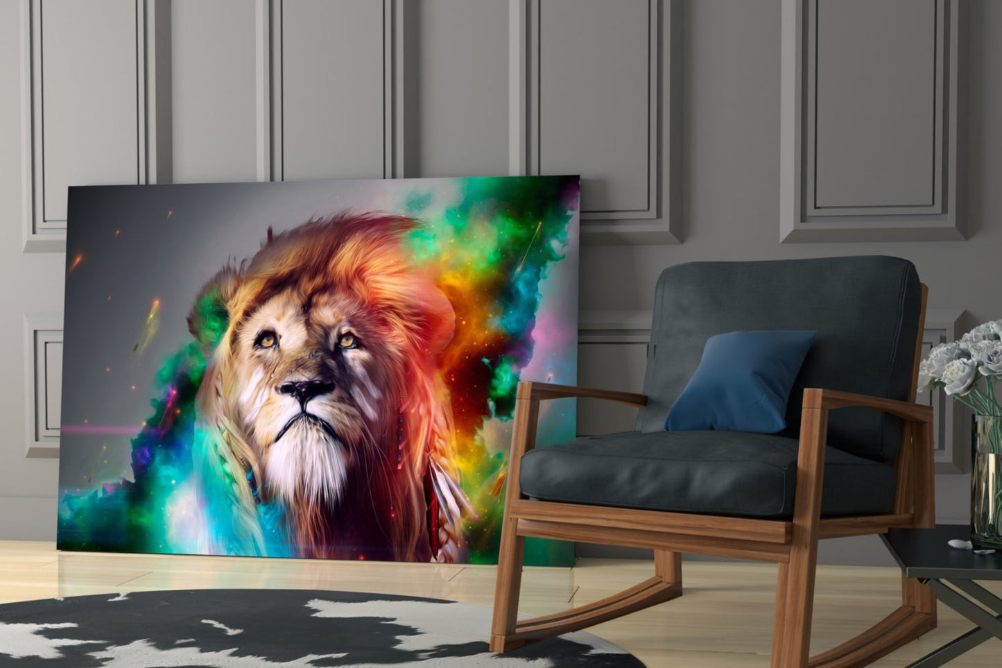 Vibrant Rainbow Lion Glass Wall Art