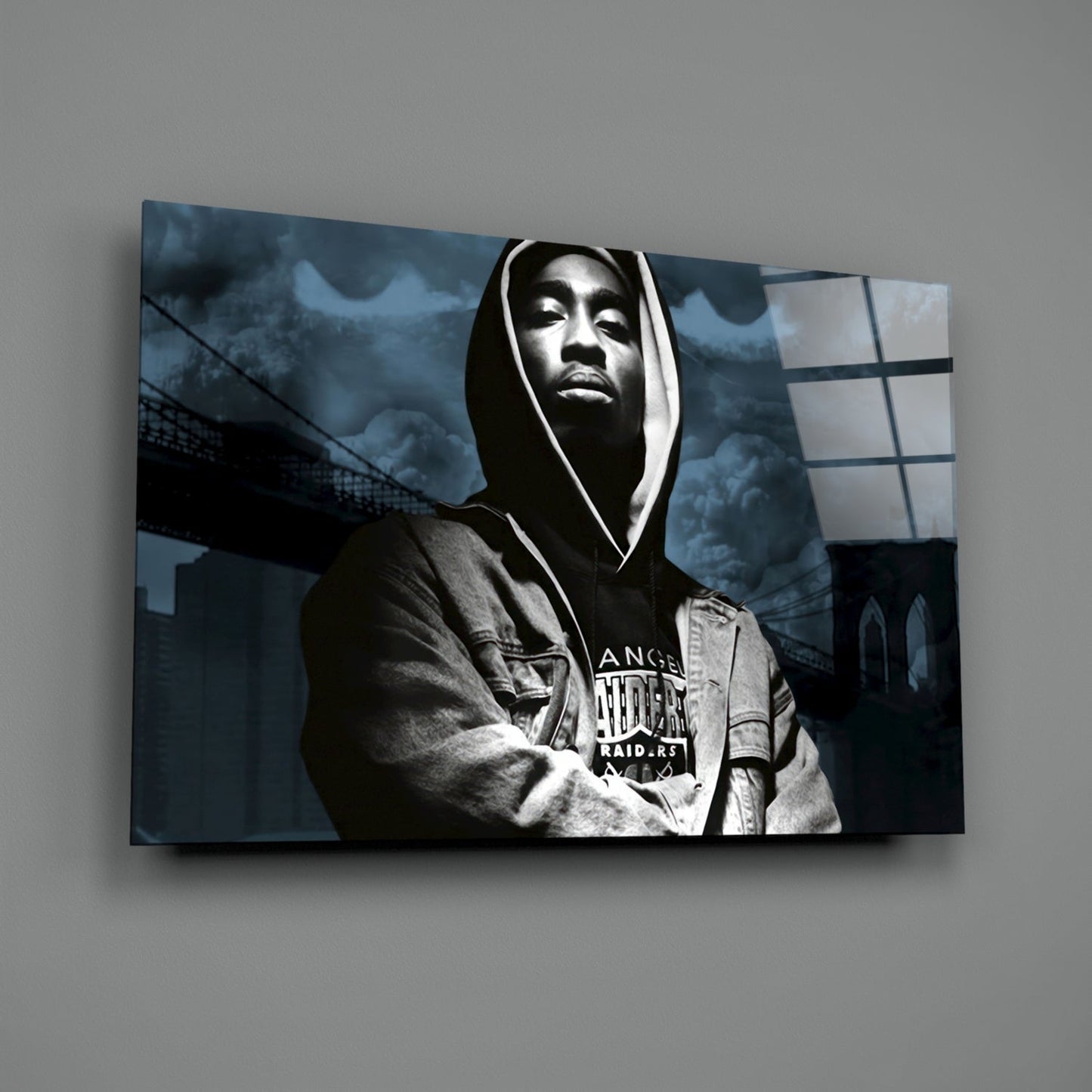 Hooded Rapper By Bridge Blue Tone Glass Wall Art