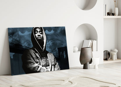 Hooded Rapper By Bridge Blue Tone Glass Wall Art
