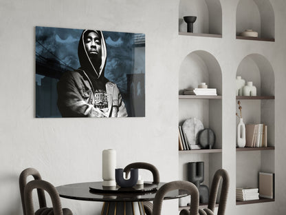 Hooded Rapper By Bridge Blue Tone Glass Wall Art