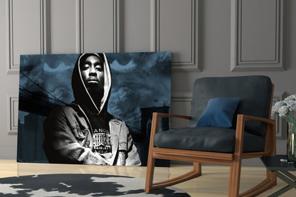 Hooded Rapper By Bridge Blue Tone Glass Wall Art