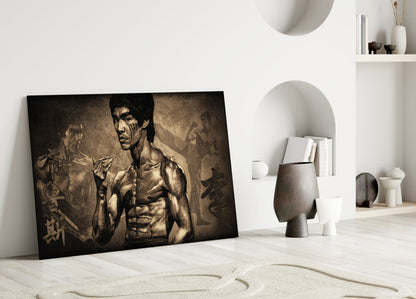 Sepia Kanji Martial Arts Master Glass Wall Art
