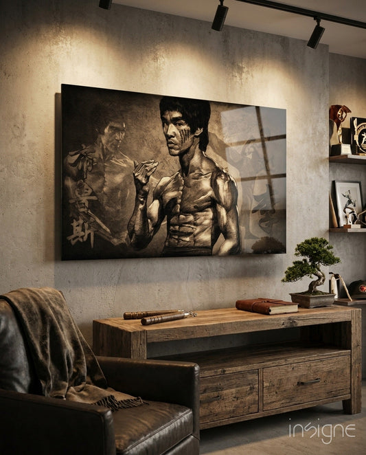 Sepia-toned glass wall art depicting a shirtless martial artist with kanji characters, displayed above a wooden desk in an industrial-style room.