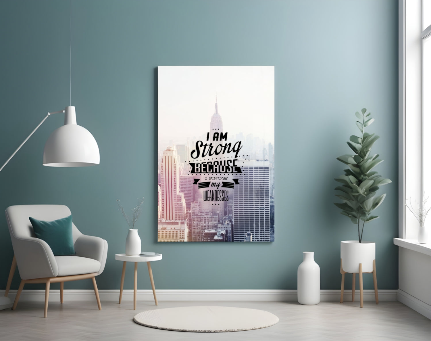 Motivational glass wall art featuring "I am Strong Because I Know My Weaknesses" text overlaid on a cityscape with Empire State Building, displayed in a modern teal room with white furniture.