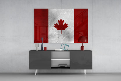 Scratched Metal Canada Maple Leaf Flag Glass Wall Art