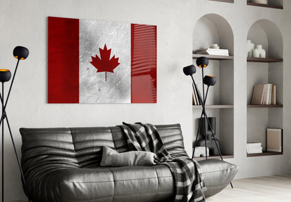 Scratched Metal Canada Maple Leaf Flag Glass Wall Art