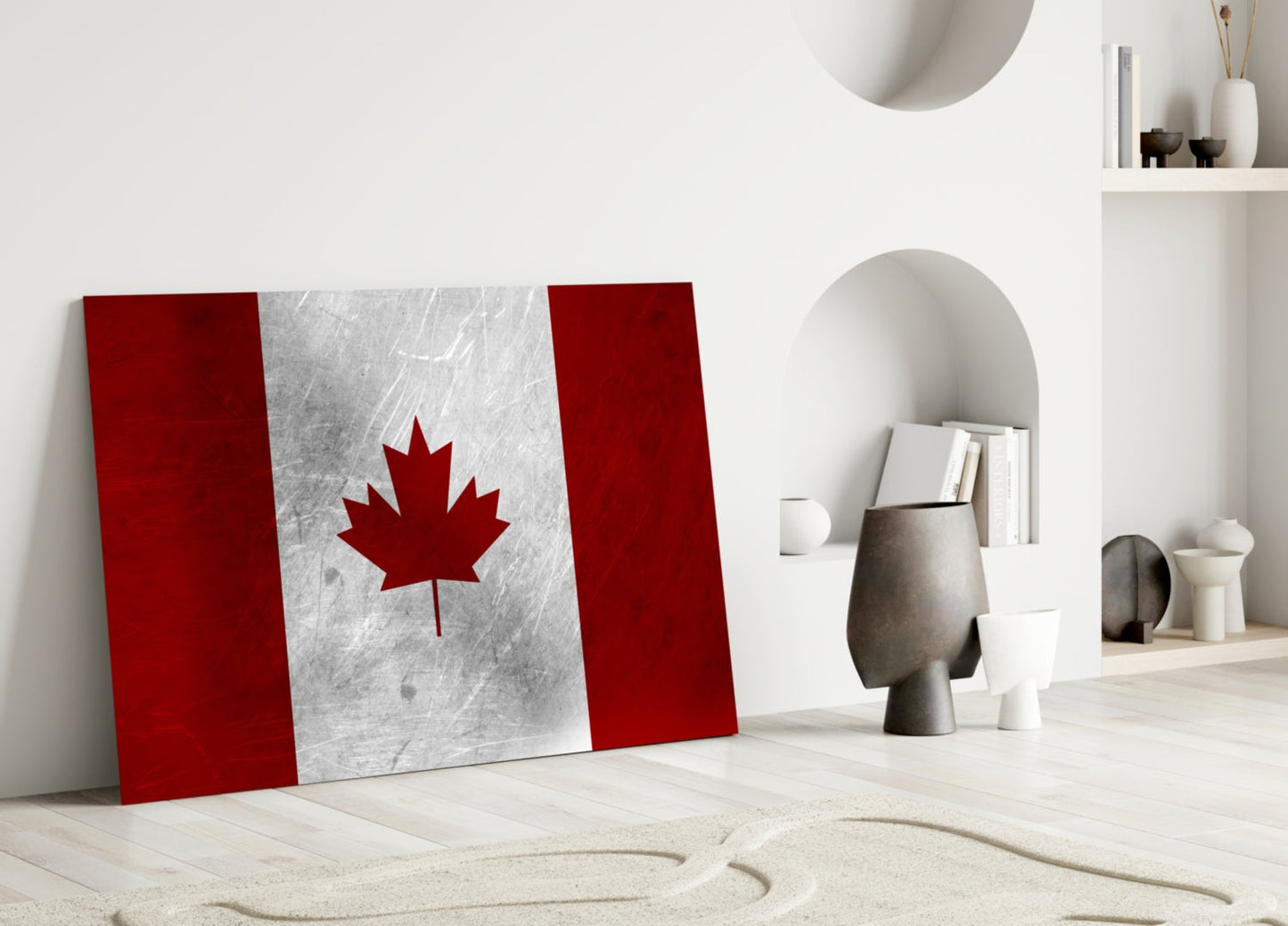 Scratched Metal Canada Maple Leaf Flag Glass Wall Art