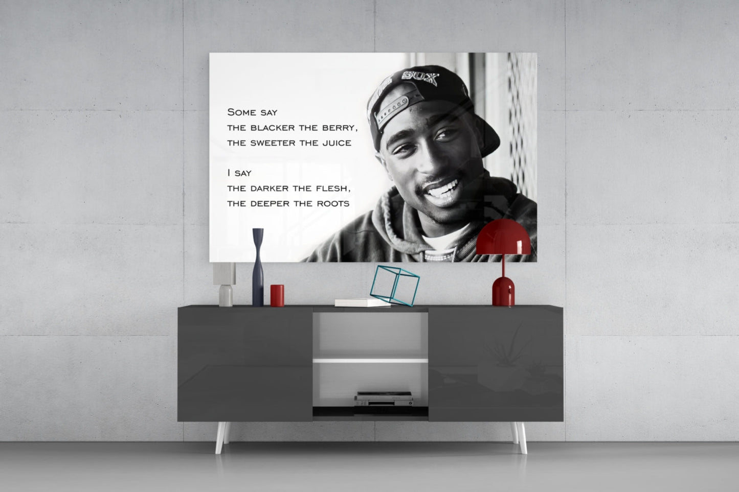 Smiling Rapper In Cap With Quote Glass Wall Art