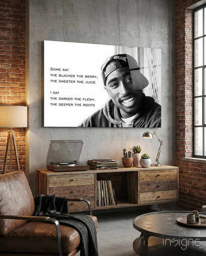 Smiling Rapper In Cap With Quote Glass Wall Art