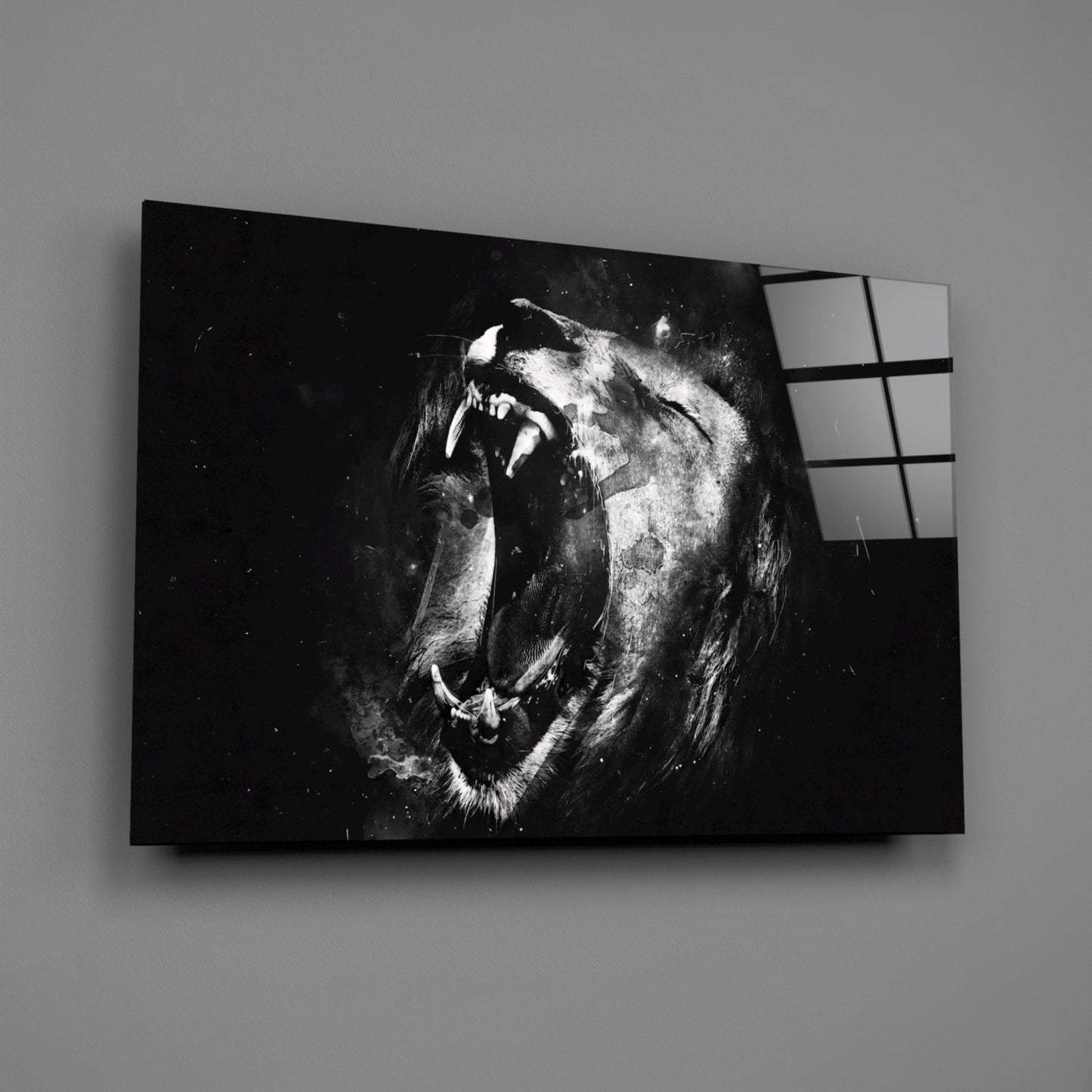 Black and White Roaring Lion Glass Wall Art