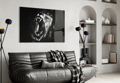Black and White Roaring Lion Glass Wall Art