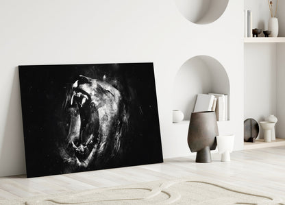 Black and White Roaring Lion Glass Wall Art