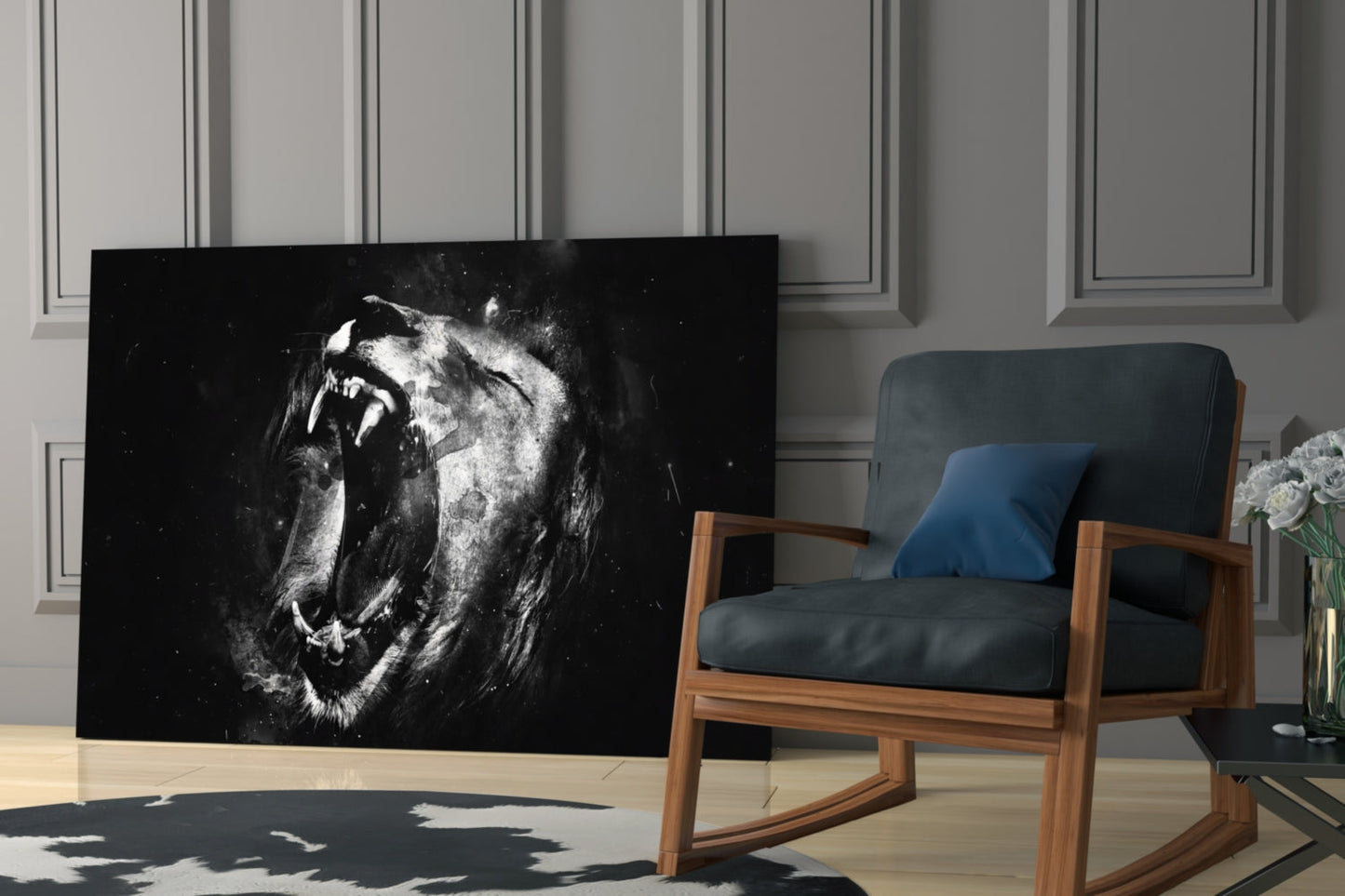 Black and White Roaring Lion Glass Wall Art