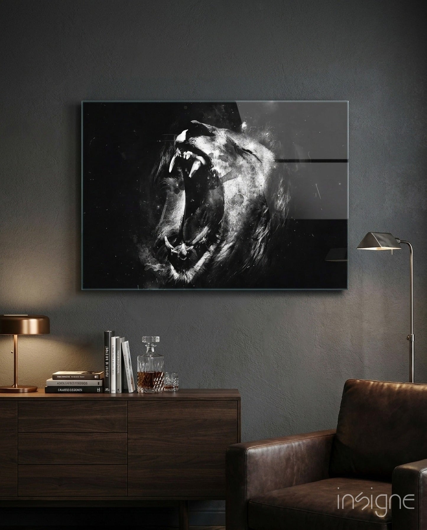 Black and White Roaring Lion Glass Wall Art