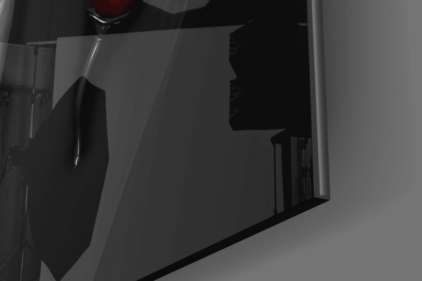 Black silhouette of gentleman lion profile etched on frosted glass panel, side view angle.
