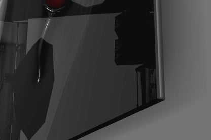 Black silhouette of gentleman lion profile etched on frosted glass panel, side view angle.