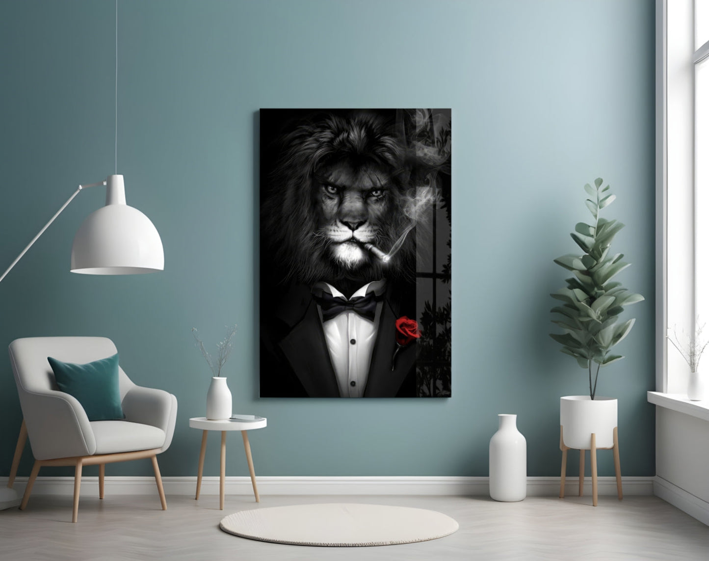 Black and white glass wall art depicting a lion wearing a tuxedo and bow tie with a red rose, displayed in a turquoise room with white furnishings.