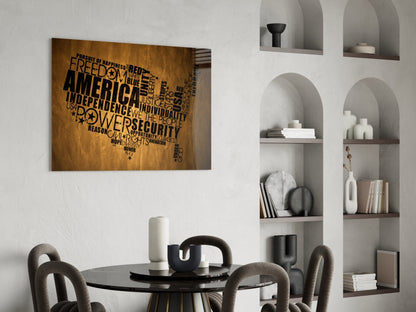 USA map glass wall art with brown wood texture and black text displaying American values and ideals, displayed above a dining table.