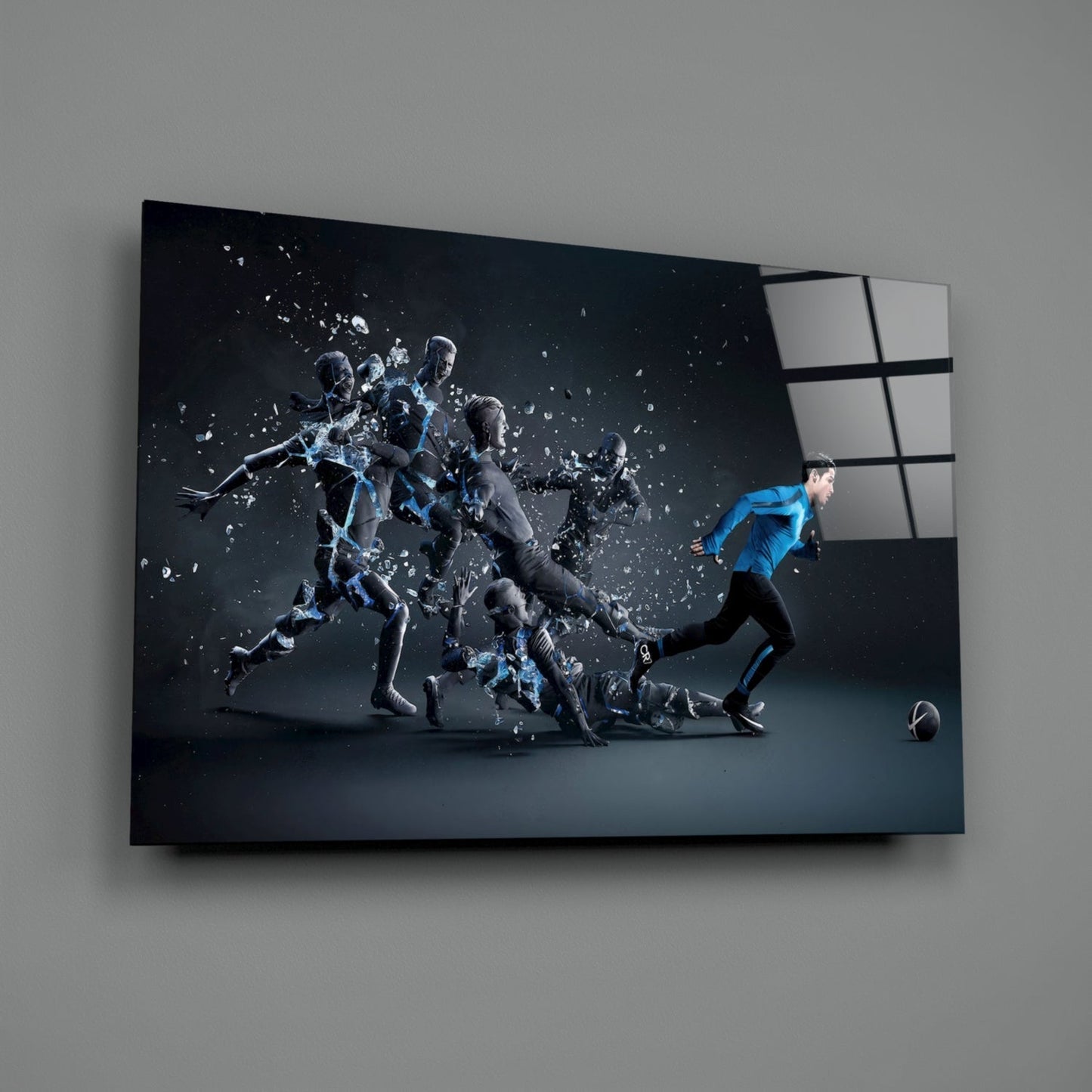 Shattering Blue Footballer Glass Wall Art