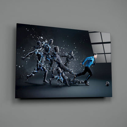 Shattering Blue Footballer Glass Wall Art