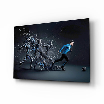 Shattering Blue Footballer Glass Wall Art