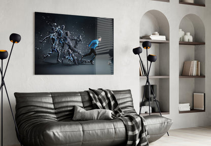 Shattering Blue Footballer Glass Wall Art