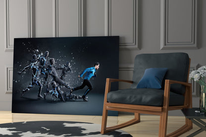 Shattering Blue Footballer Glass Wall Art
