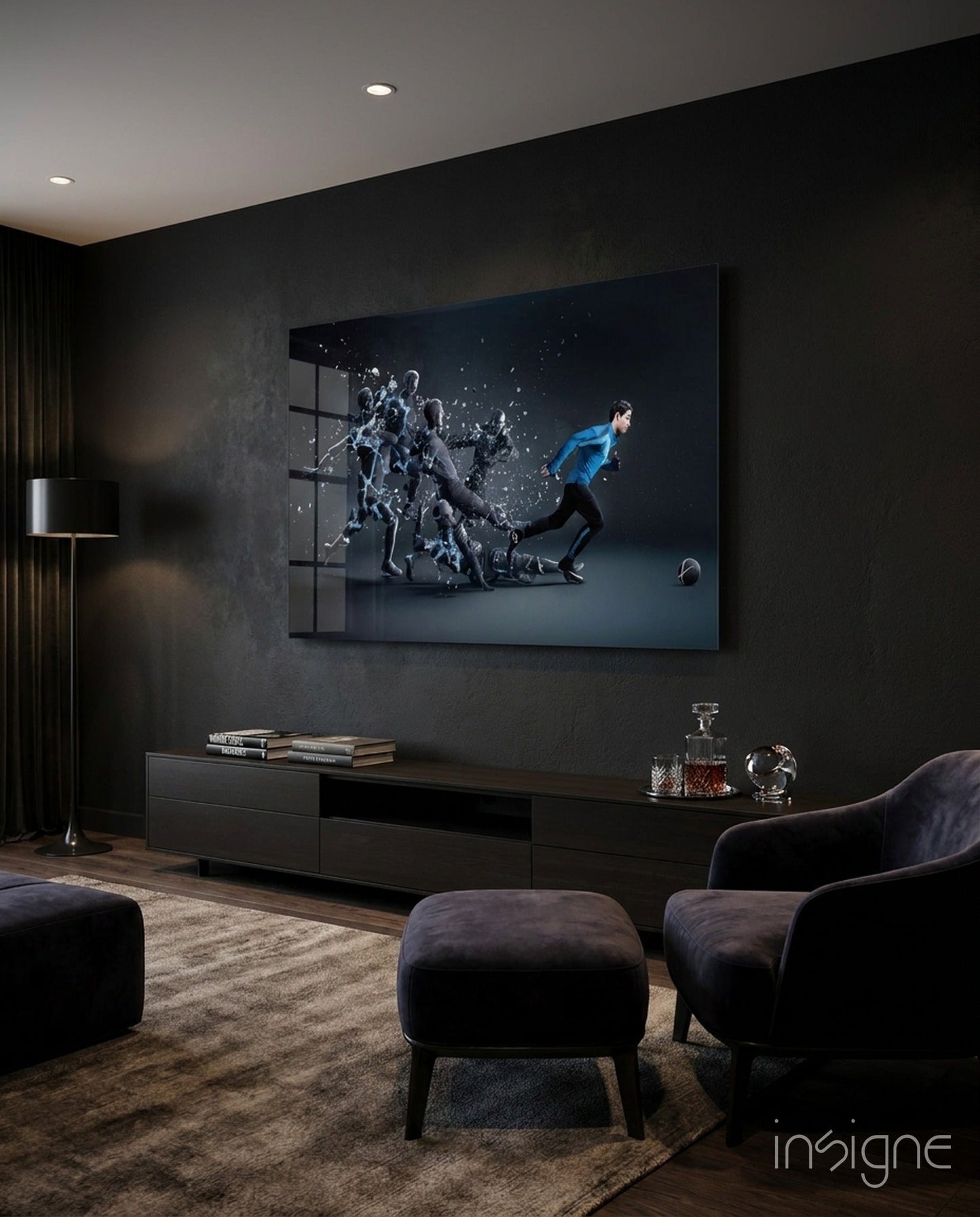 Shattering Blue Footballer Glass Wall Art