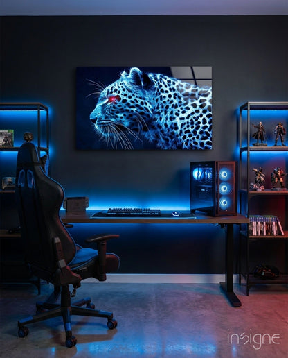 Glowing Blue Neon Leopard Glass Wall Art