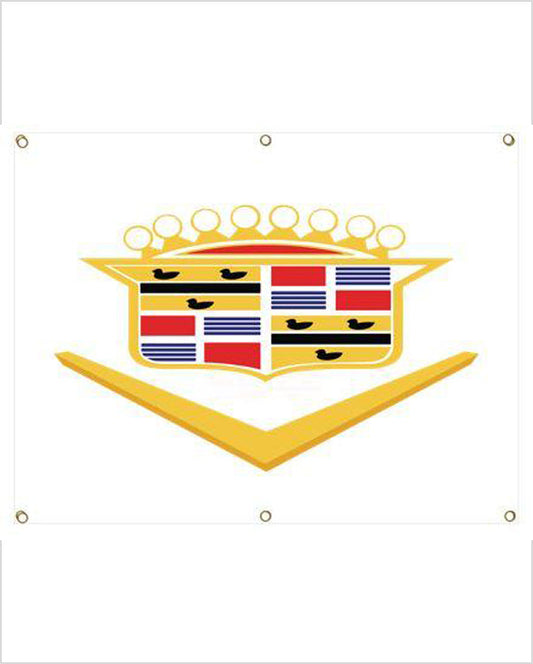 Front view of a white banner with a Cadillac crest in gold, red and blue above a gold V chevron.